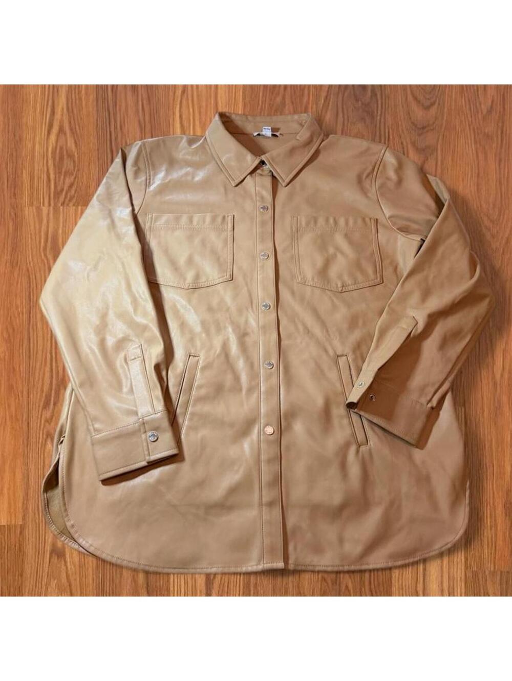 Calvin Klein Womens Tan Faux Leather Jacket Sz L Preppy Button Front Coat Fall